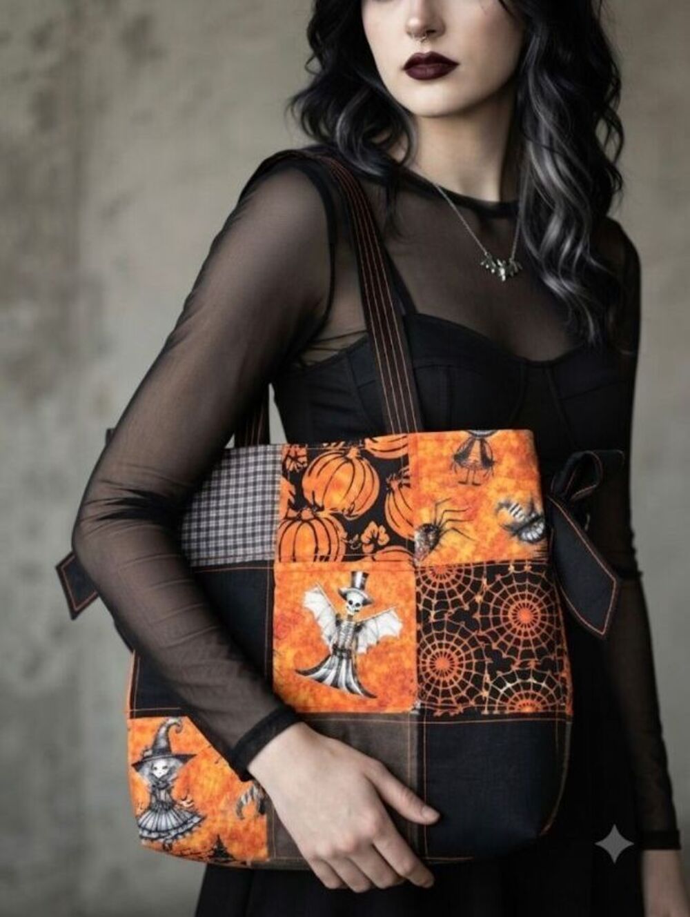 Halloween steam punk orange & black Quilted Bow Tote Bag Handcrafted Handbag